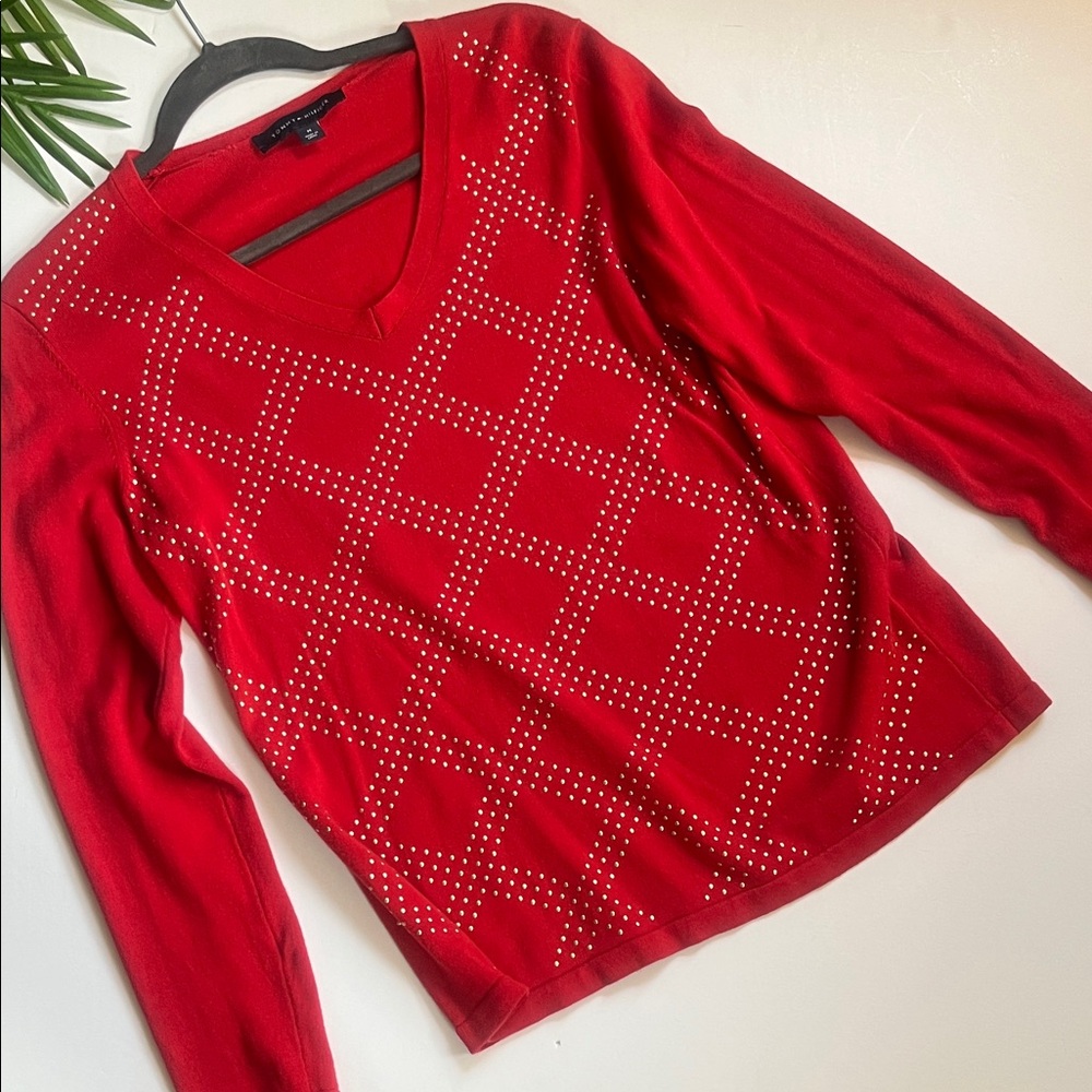 Tommy Hilfiger  Red V-Neck Studded Women's Top size medium